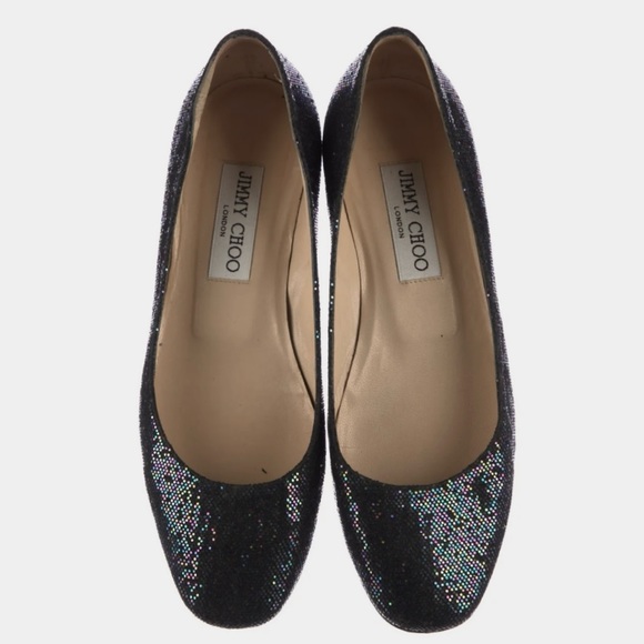 Jimmy Choo Black Coarse Glitter Fabric Alina Ballet Flat